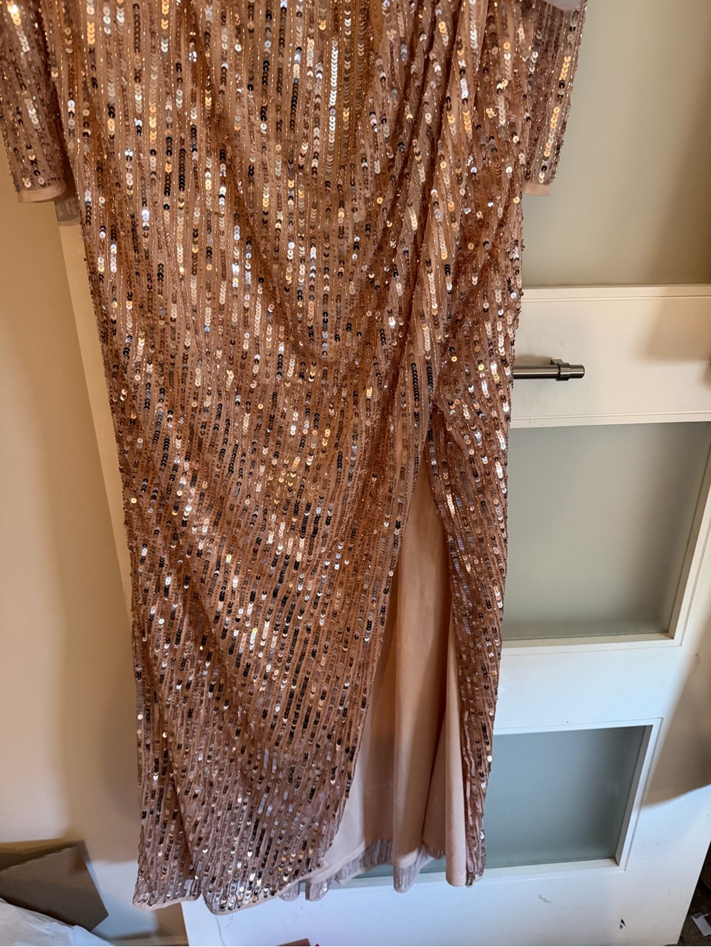Mac Duggal Rose Gold Sequin High-Low Evening Dress.